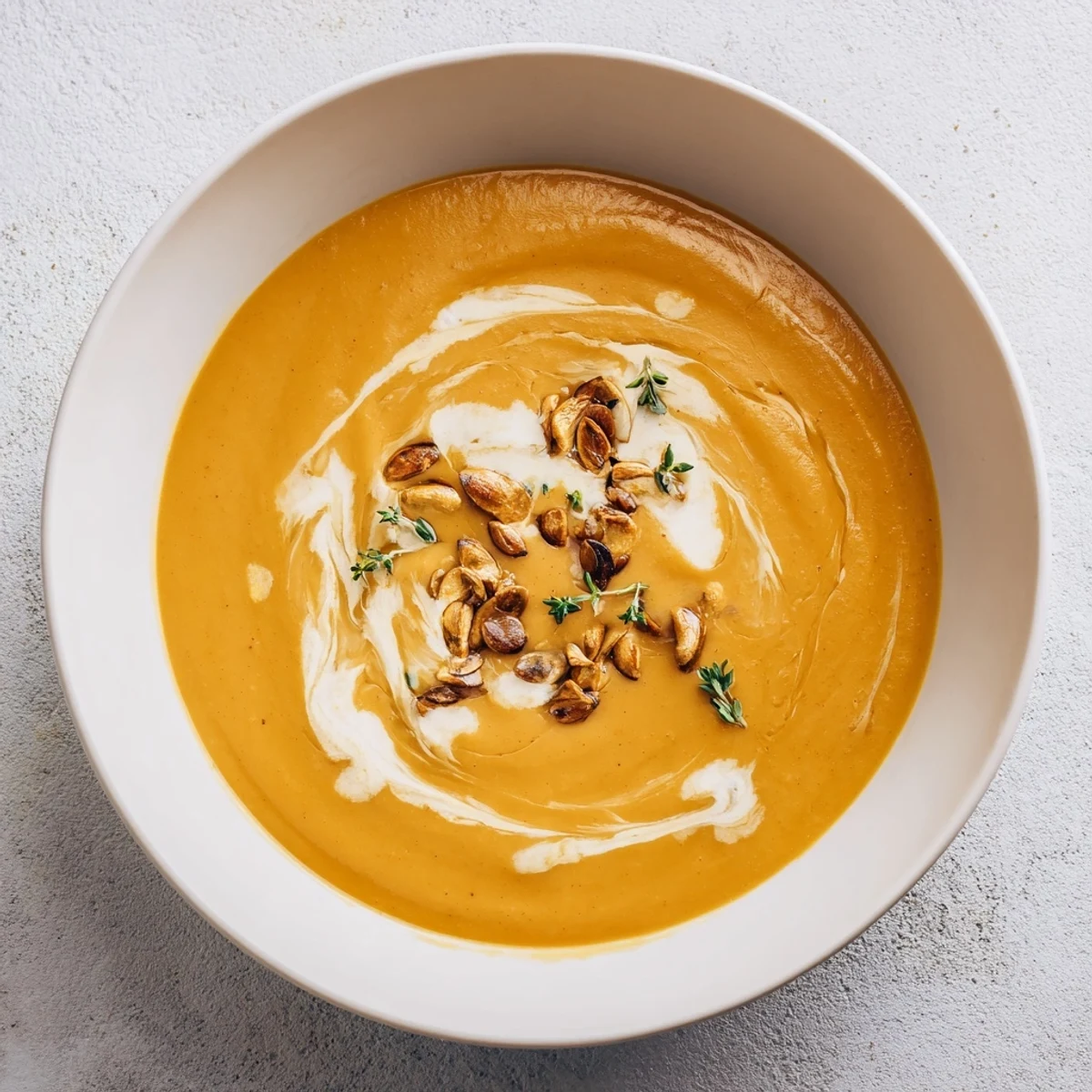 Creamy roasted acorn squash soup, topped with pepitas, ready for a warm and comforting taste.