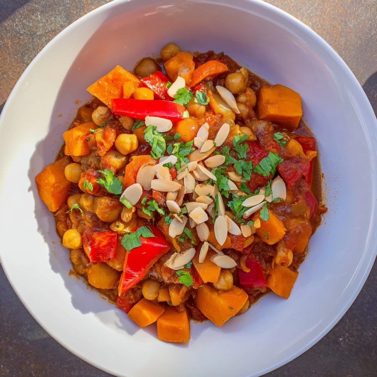 Aromatic Moroccan Chickpea & Sweet Potato Tagine bubbling gently with tender sweet potato and savory spices, perfect for dinner.