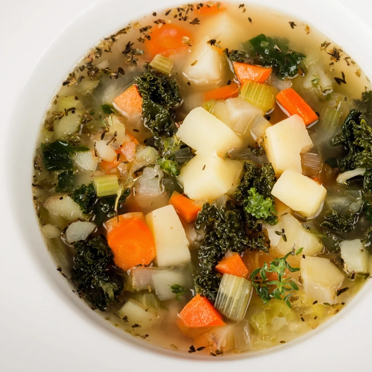 Steaming bowl of Vegetarian Potato-Kale Soup, garnished, ready to warm you on a cold evening.