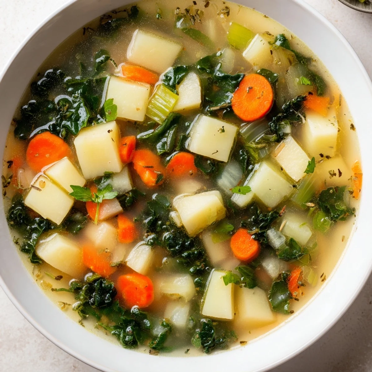Colorful close-up of Vegetarian Potato-Kale Soup in a rustic bowl, showcasing the tender vegetables.