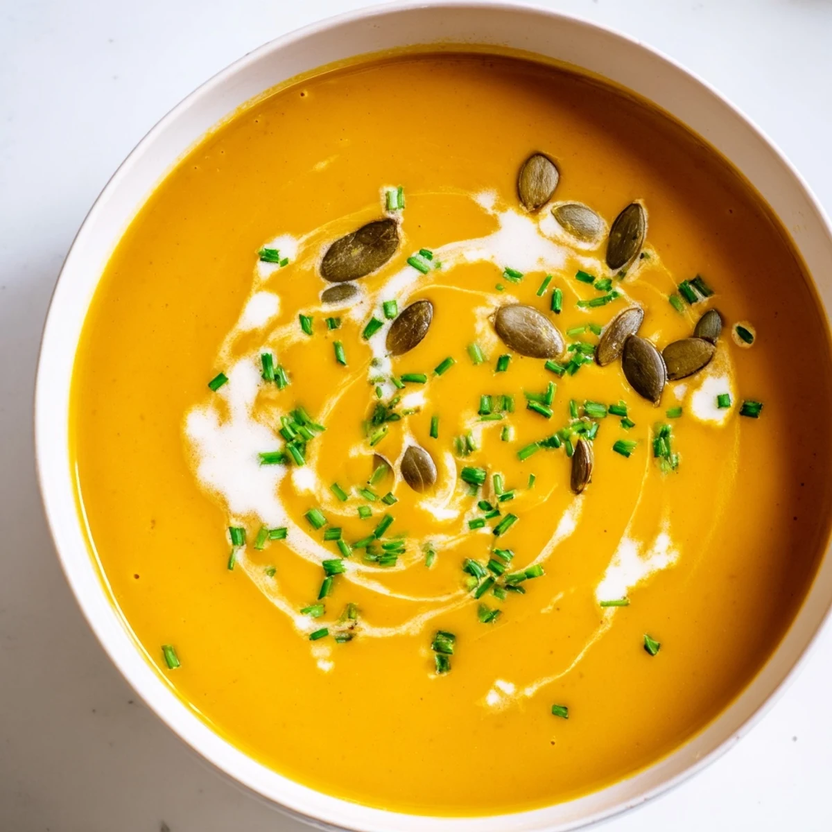 Creamy butternut squash and pear soup, garnished with herbs, ready to warm chilly evenings.