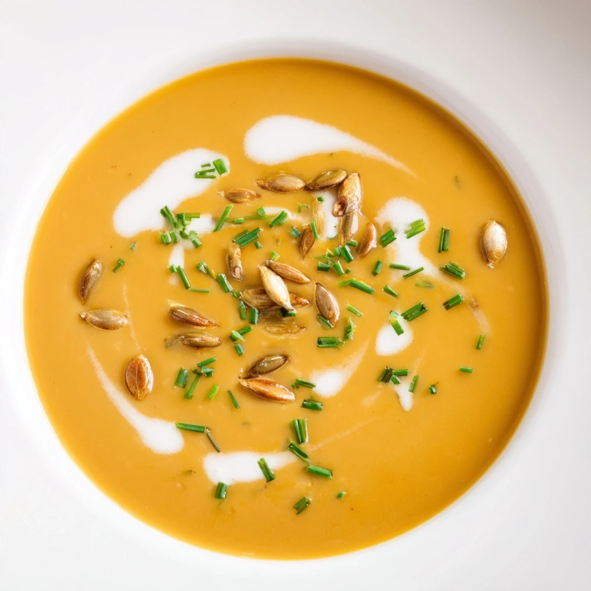 A steaming bowl of butternut squash and pear soup, offering a sweet & savory aromatic experience.