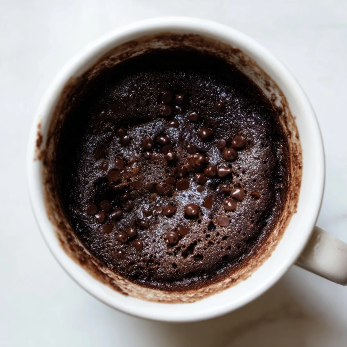 Close-up of a decadent chocolate Microwaved Mug Cake served in a ceramic mug, a perfect treat.