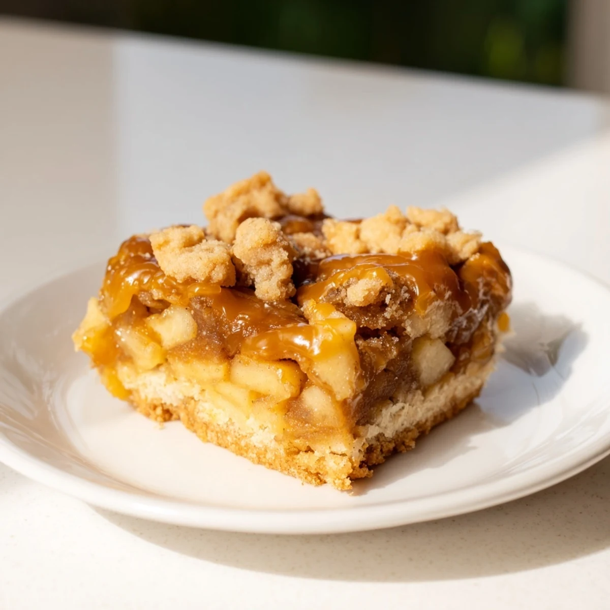 Golden caramel apple cookie bars, warm from the oven, offer a sweet, comforting dessert experience.