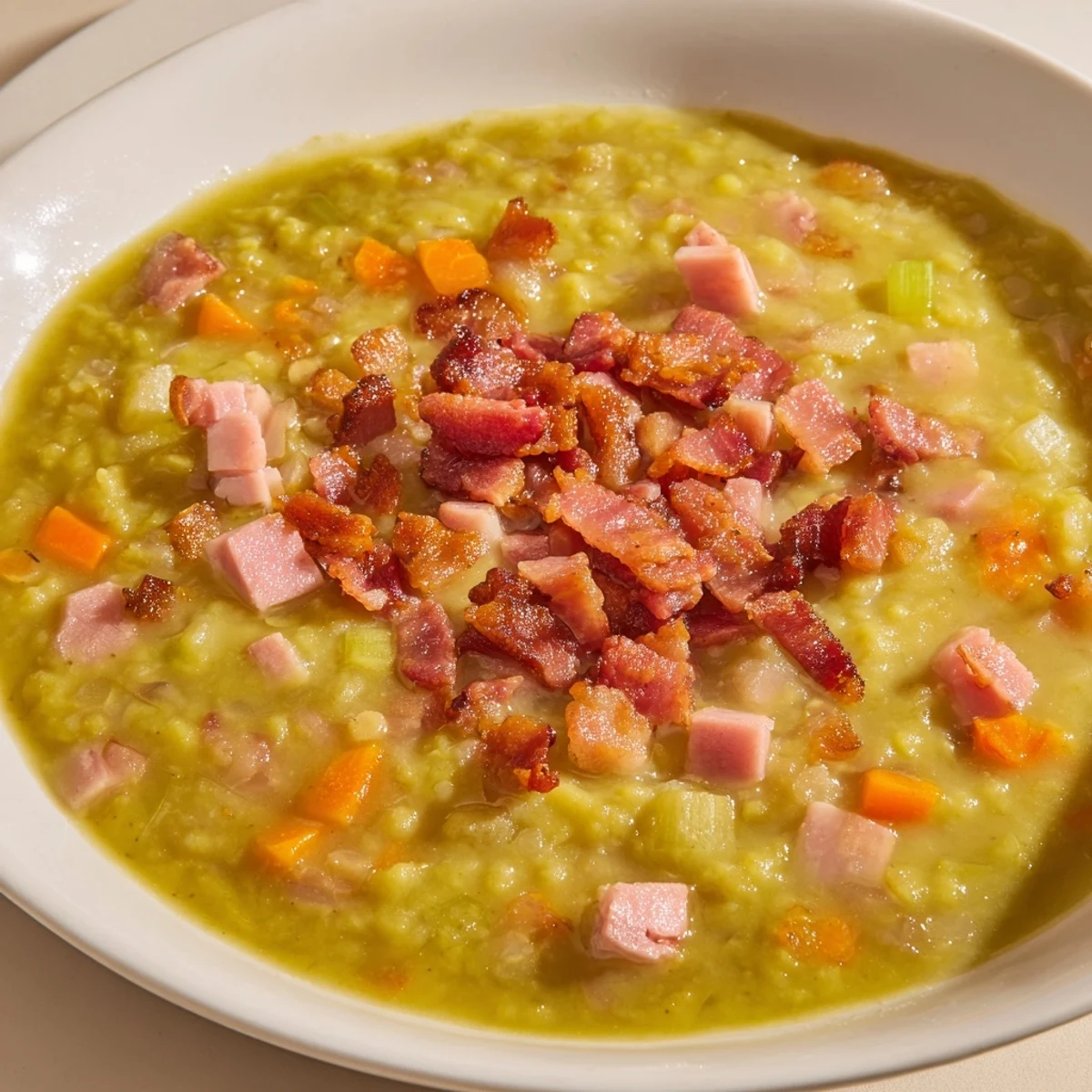 Creamy split pea soup with canned ham, garnished with crispy bacon, ready to enjoy.