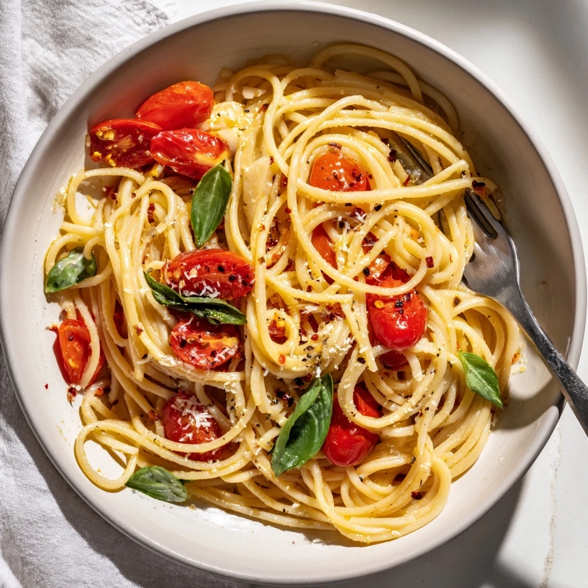 Steaming bowl of Lazy-Girl Pasta, glistening with tomatoes, Parmesan, and fresh basil, ready to enjoy.