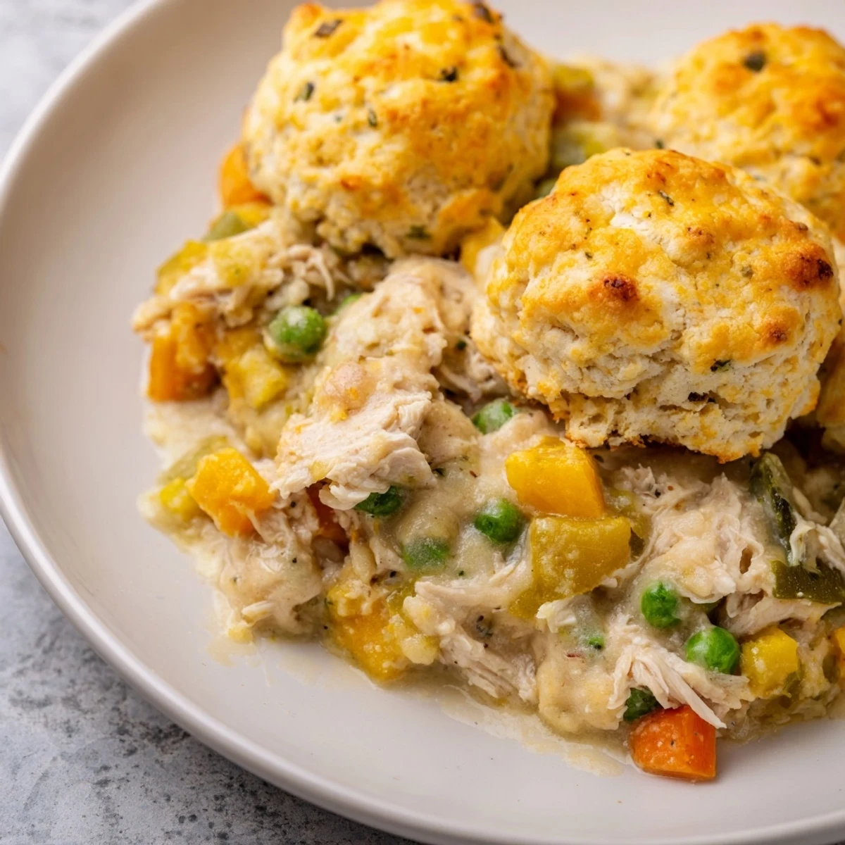 Golden cheddar biscuits crowning a bubbling pan of One-Pan Chicken Cobbler with a creamy chicken and veggie filling.
