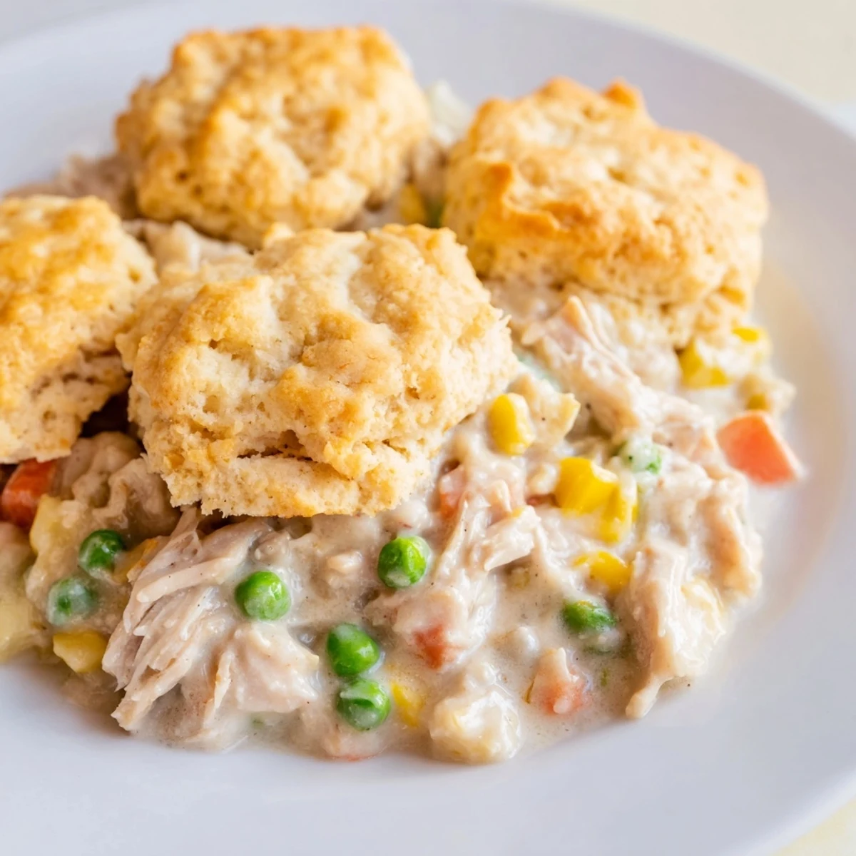 One-Pan Chicken Cobbler, a hearty dish with a savory chicken filling and fluffy, cheesy biscuit topping.