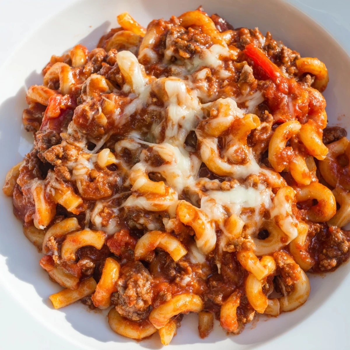 Golden-topped hamburger casserole bubbling hot, a savory baked family dinner delight.