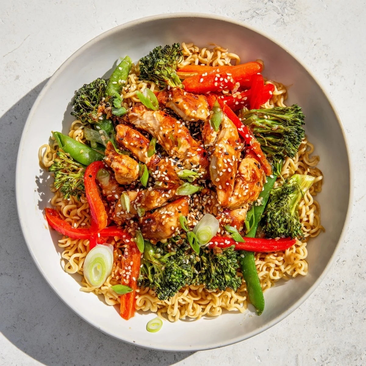 Sheet-Pan Crispy Ramen with chicken and vegetables, with golden noodles and colorful roasted components.