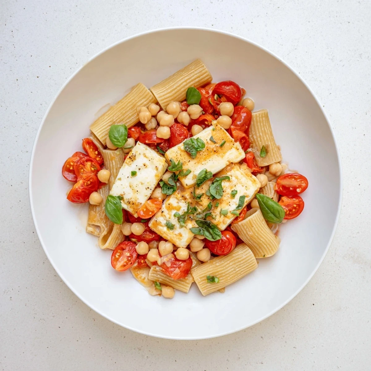 Vibrant image of baked feta with chickpeas and tomatoes; perfect meal served over fluffy rice.