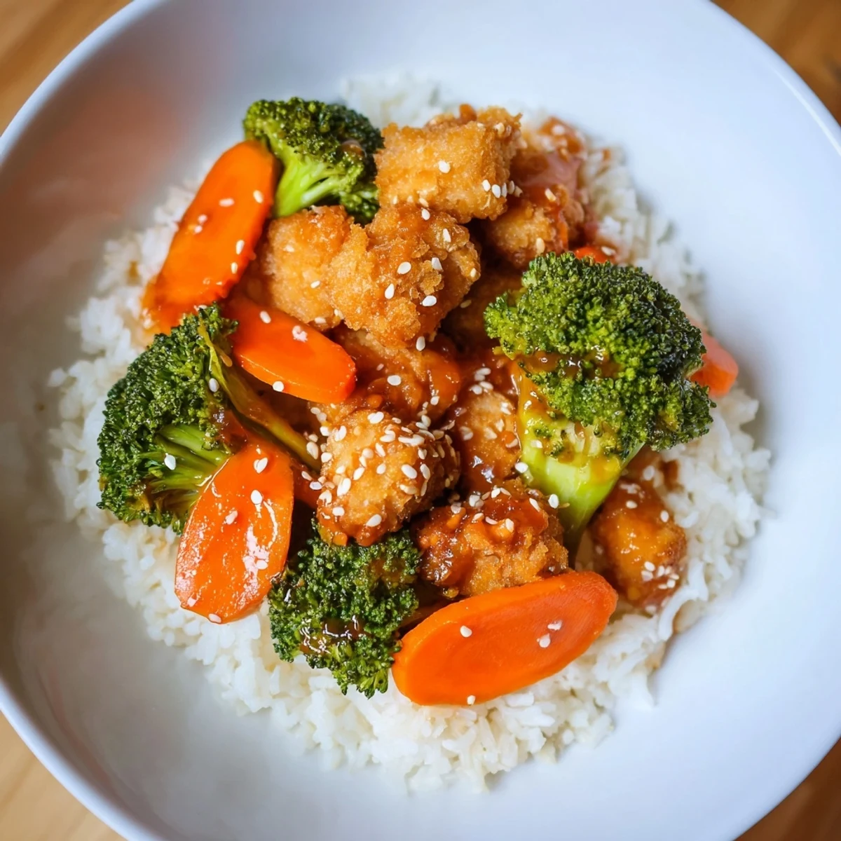 Crispy sesame tofu and broccoli, a vibrant vegetarian dish over fluffy white rice.