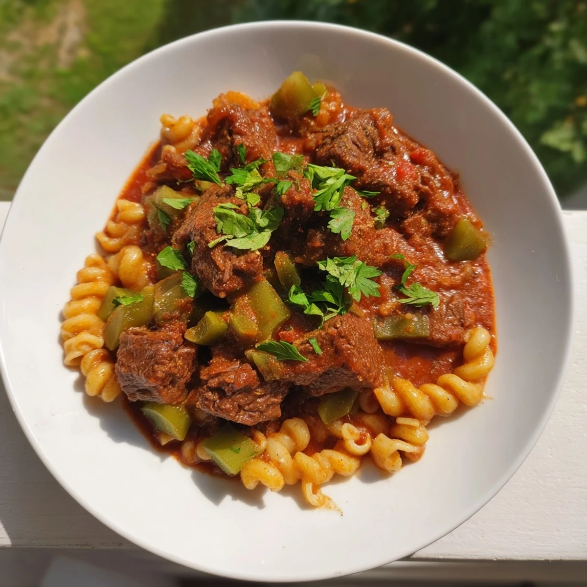 Steaming bowl of goulash with beef and pasta – a hearty meal, perfect for a cold evening.
