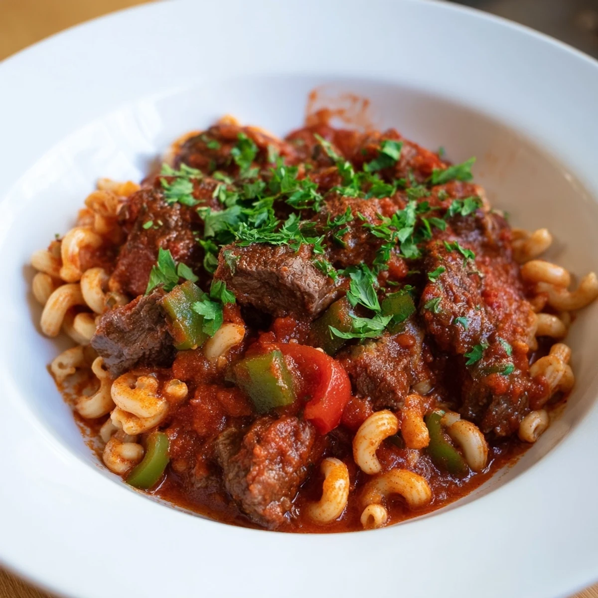 Close-up of a rustic goulash with beef and pasta; a comforting dish ready to be enjoyed.