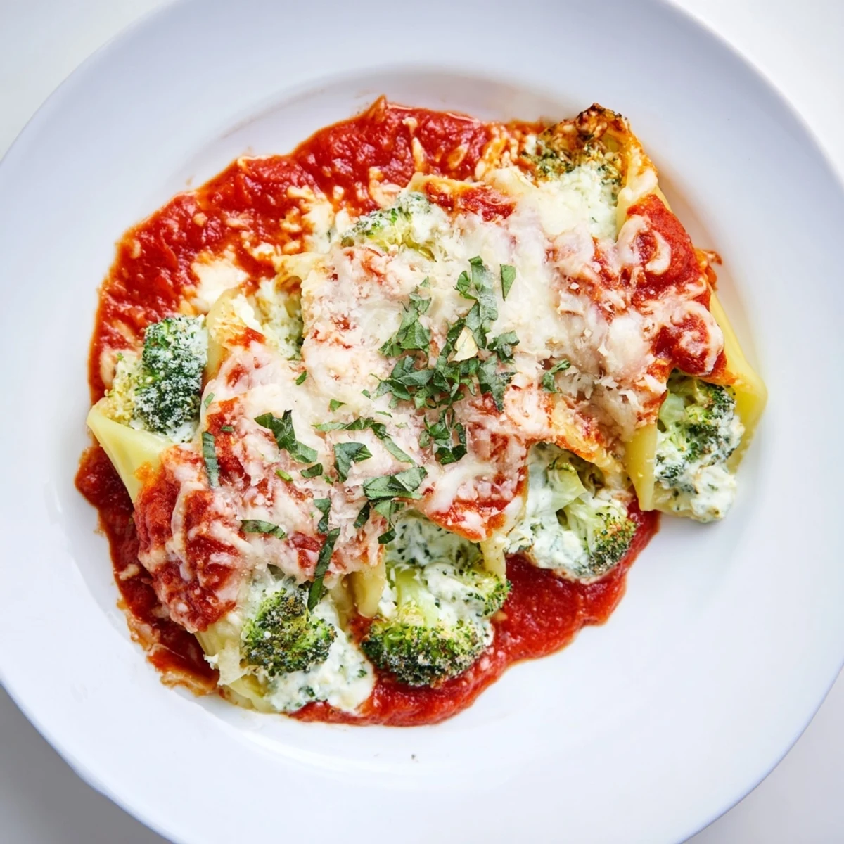 Cozy Broccoli Stuffed Manicotti bubbling from the oven, covered in melted cheese and rich tomato sauce.