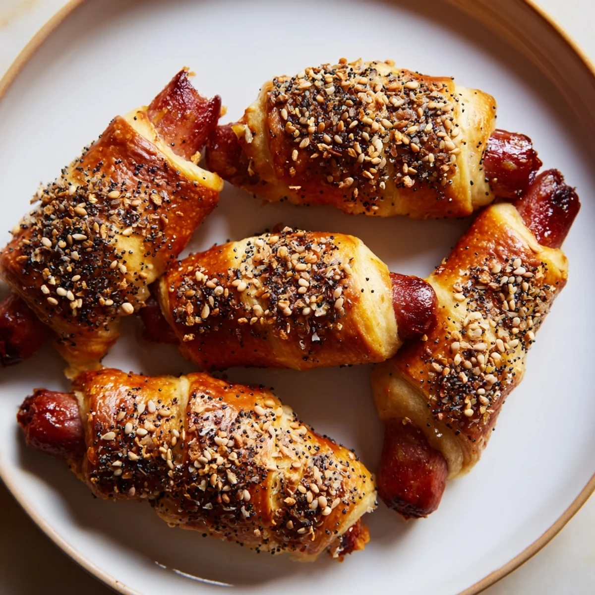 Close-up of baked everything bagel pigs in a blanket: flaky, savory, and ready in minutes!