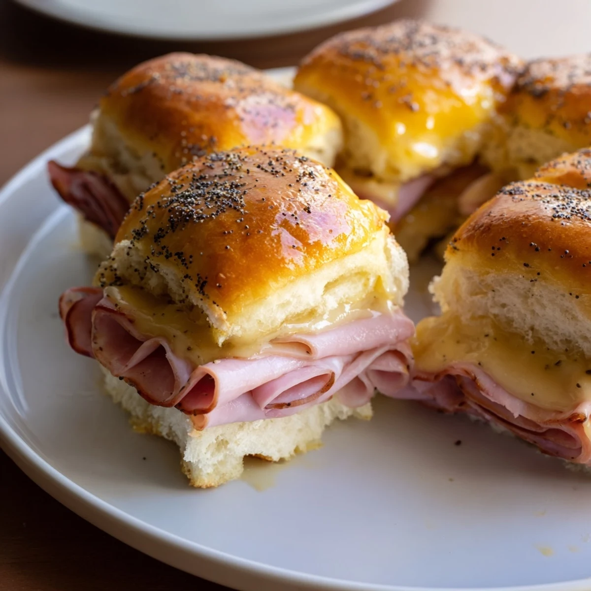 Golden brown Baked Ham and Cheese Party Sliders, oozing with melted Swiss cheese, ready to eat.