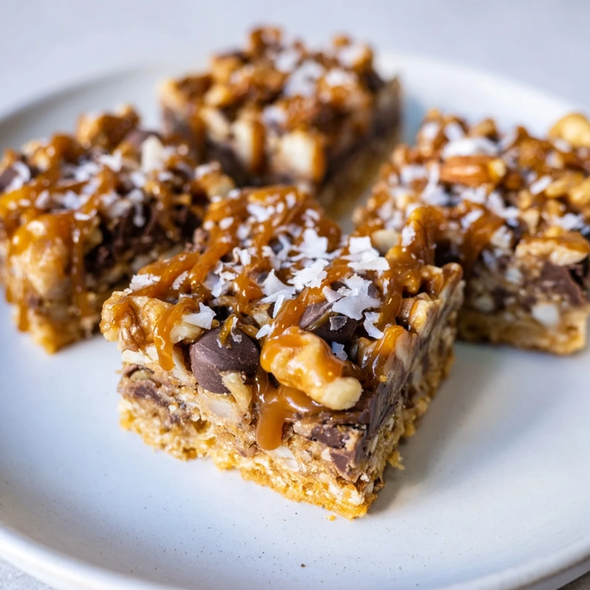 A close-up of delicious 7-Layer Magic Bars featuring a sweet and salty caramel drizzle.