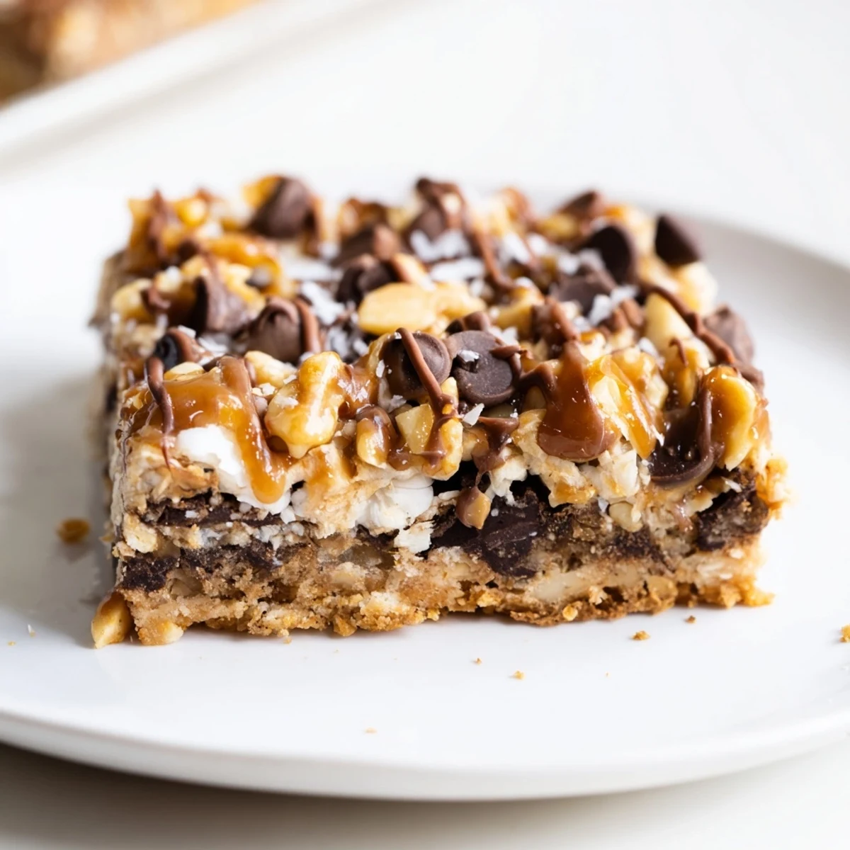 Golden-baked 7-Layer Magic Bars with layers of chocolate, coconut, and nuts, drizzled with caramel.