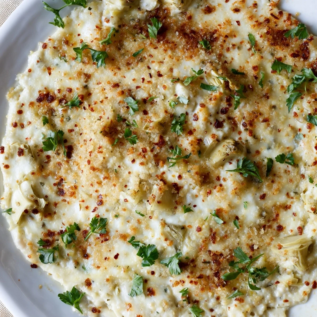 Close-up of bubbling Baked Artichoke Dip, savory and cheesy with visible artichoke pieces.