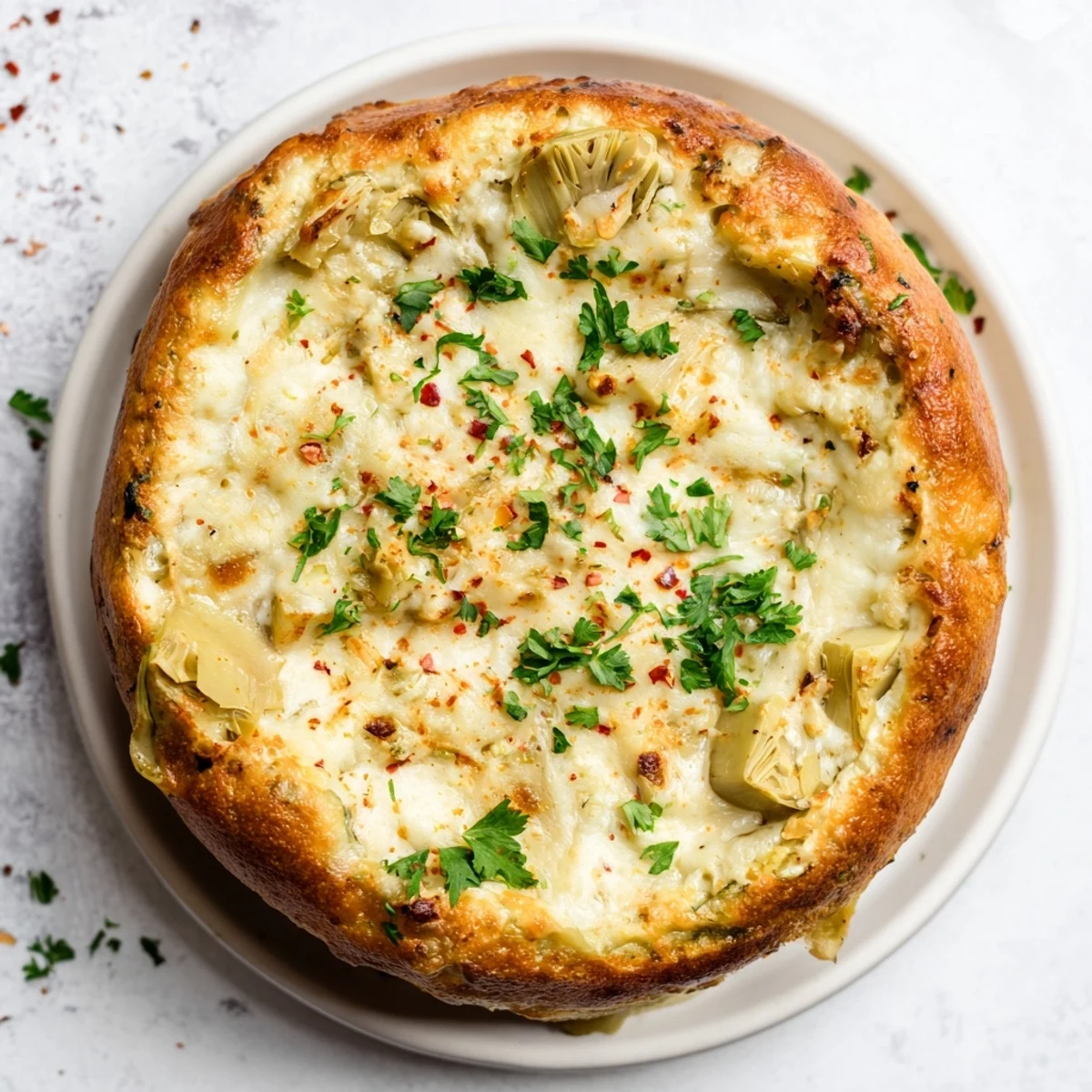 Warm Baked Artichoke Dip with a creamy, melted cheese topping, ready to serve with crackers.