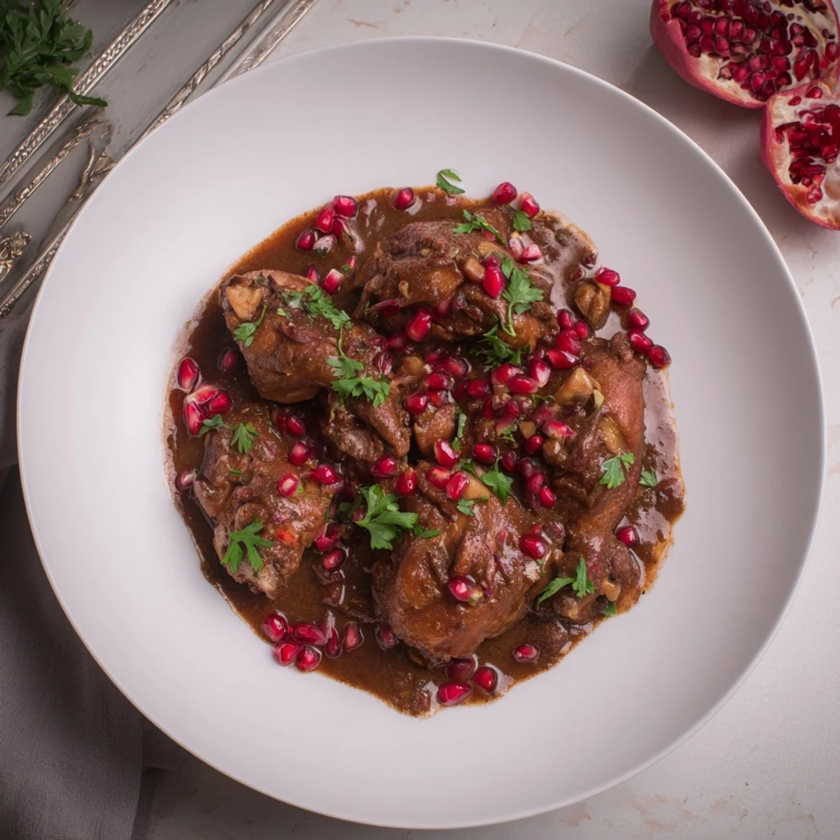 Enjoy tender chicken thighs in a rich, sweet-sour Pomegranate Walnut Fesenjan Stew.