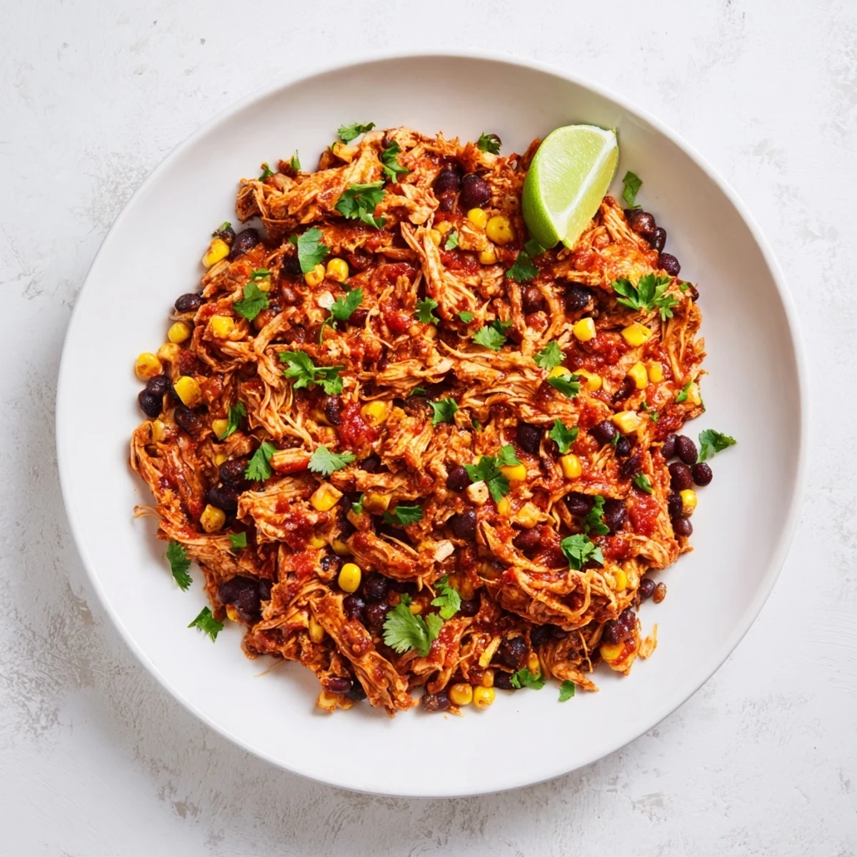Slow cooker salsa chicken, vibrant red salsa coating tender shredded chicken, perfect for tacos.