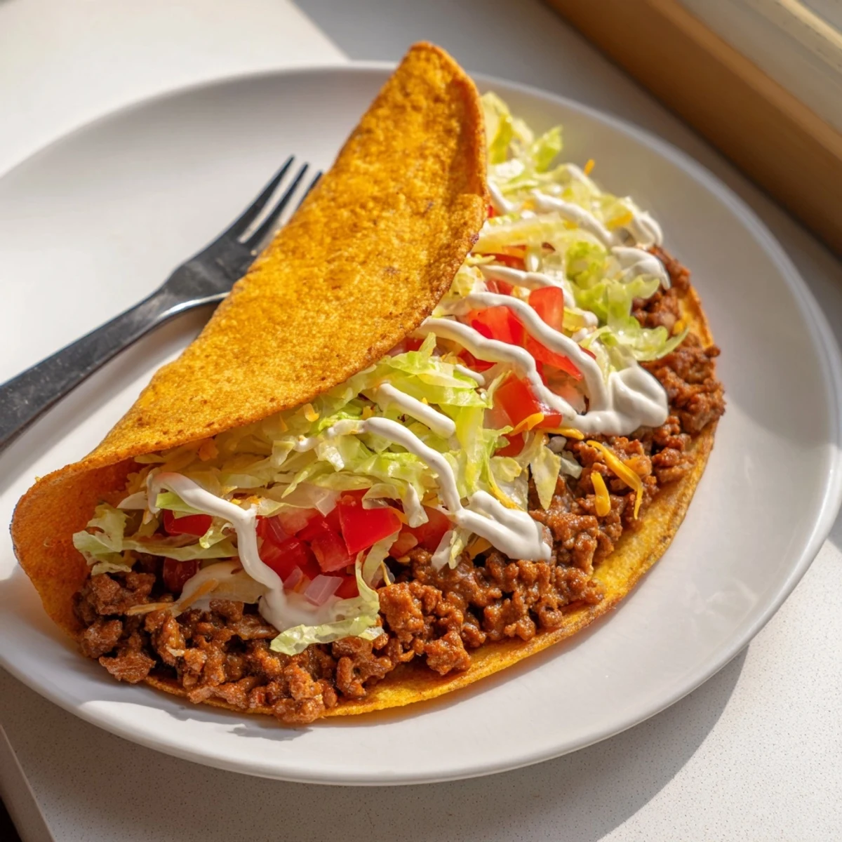 Enjoy the delicious crunch of warm shells filled with flavorful Cheesy Gordita Crunch Tacos on a plate.