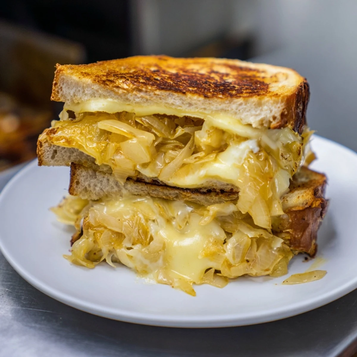Golden, bubbly French onion grilled cheese sandwich with oozing cheese and caramelized onions.