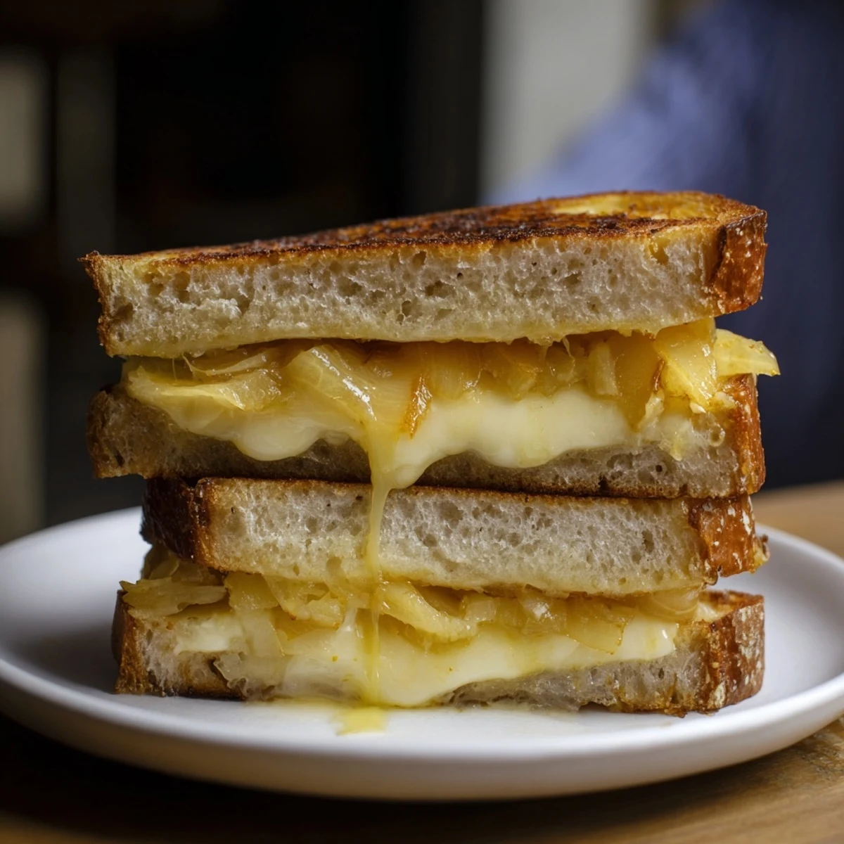 Melted cheese overflowing from a beautifully toasted French onion grilled cheese, ready to eat.