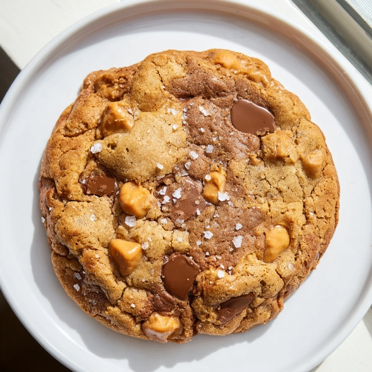 Warm, chewy Best Ever Butterscotch Chocolate Chip Cookies with sea salt, golden brown and ready to eat.