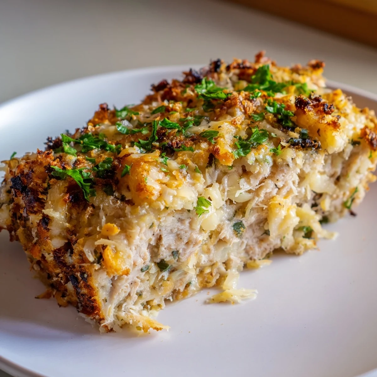 Golden-brown garlic Parmesan chicken meatloaf, baked to perfection, offering a savory, comforting meal.