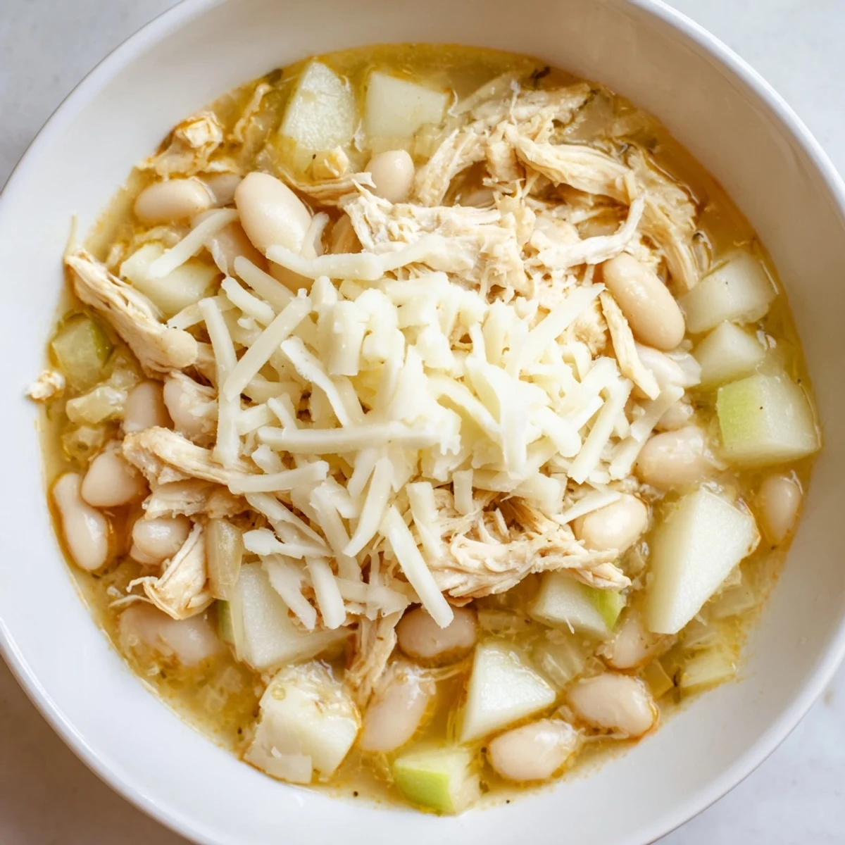 Steaming bowl of 35-Minute White Cheddar Apple Chicken Chili, topped with extra shredded cheddar cheese.