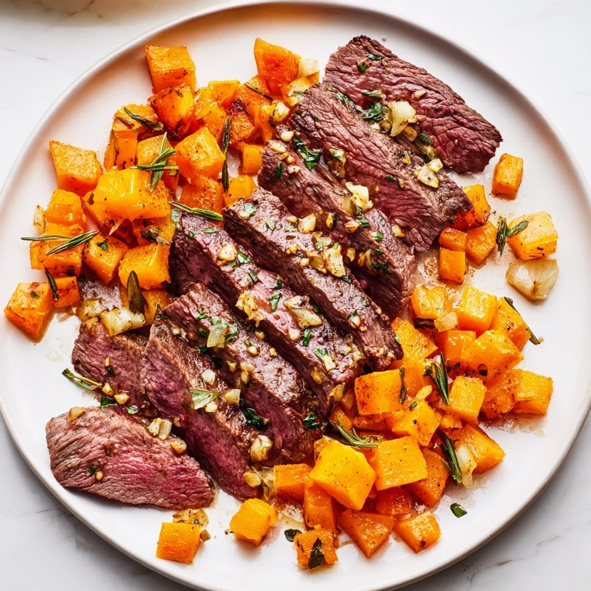 Juicy garlic-herb steak over roasted butternut squash in a vibrant Butternut Squash & Garlic Herb Steak Bowl.