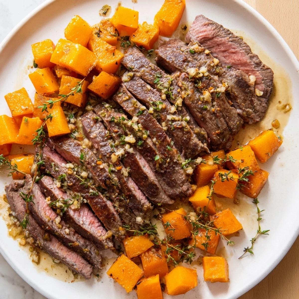 Golden-brown roasted butternut squash and savory steak star in this flavorful Butternut Squash & Garlic Herb Steak Bowl.