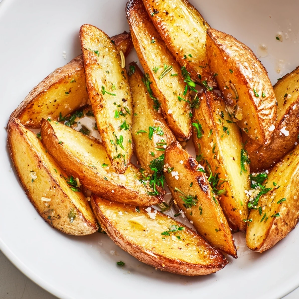 Golden, crunchy Quick Rosemary Roast Potato Wedges, ready to serve with a sprinkle of fresh parsley.
