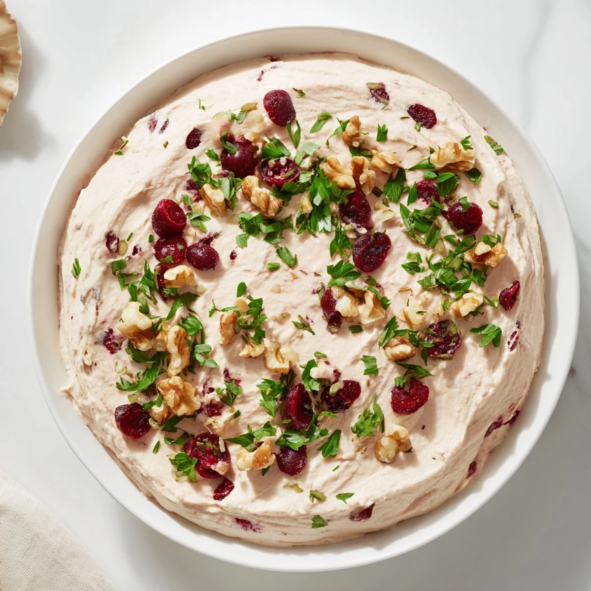 Festive Lightened Holiday Cream Cheese Dip, beautifully garnished with cranberries, served with crackers, and ready to go.