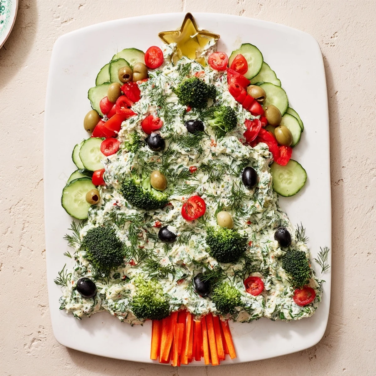 A beautifully arranged Simplified Christmas Tree Dip platter with fresh colorful veggies and creamy dip.