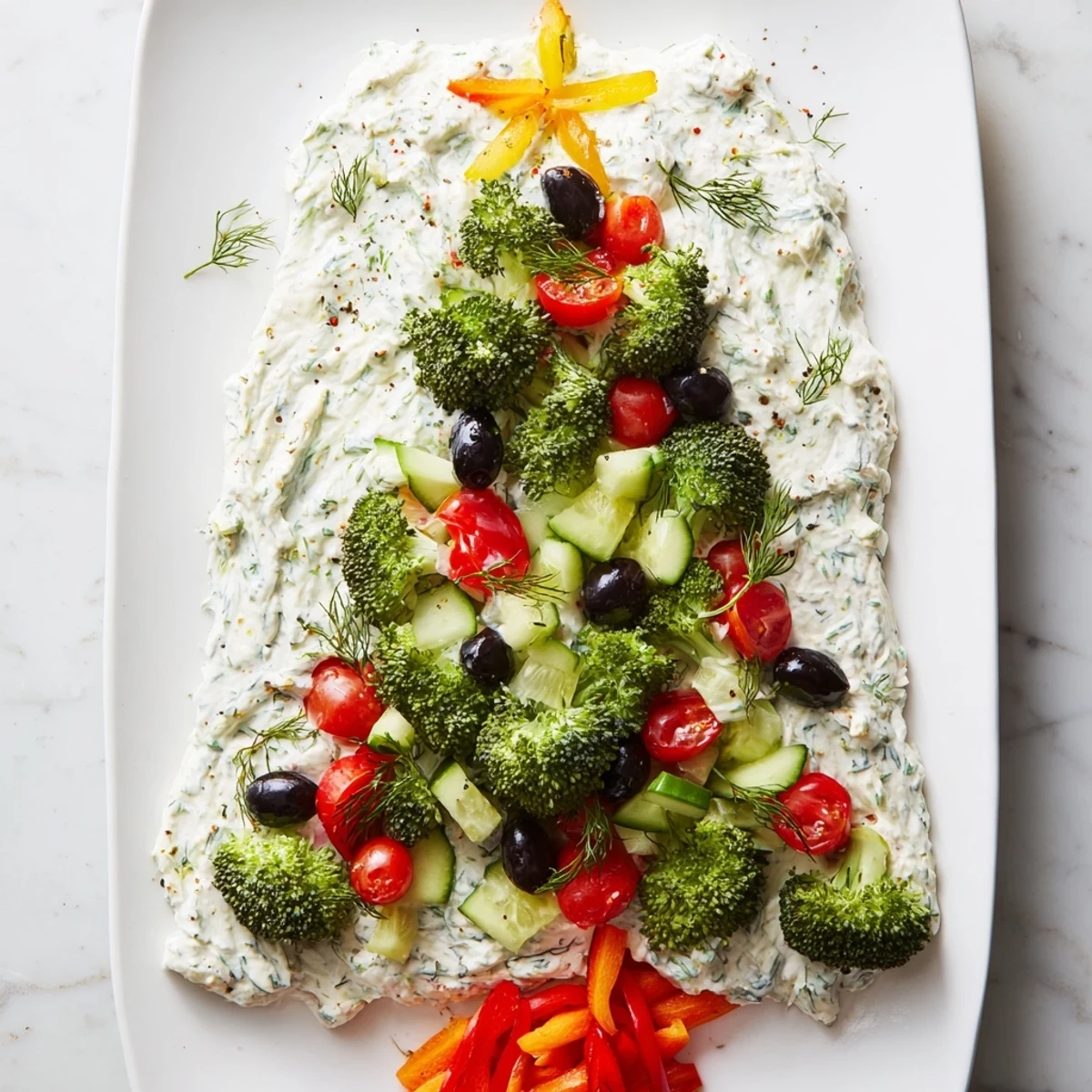 Festive Simplified Christmas Tree Dip appetizer, showcasing a creamy herb dip shaped like a Christmas tree.