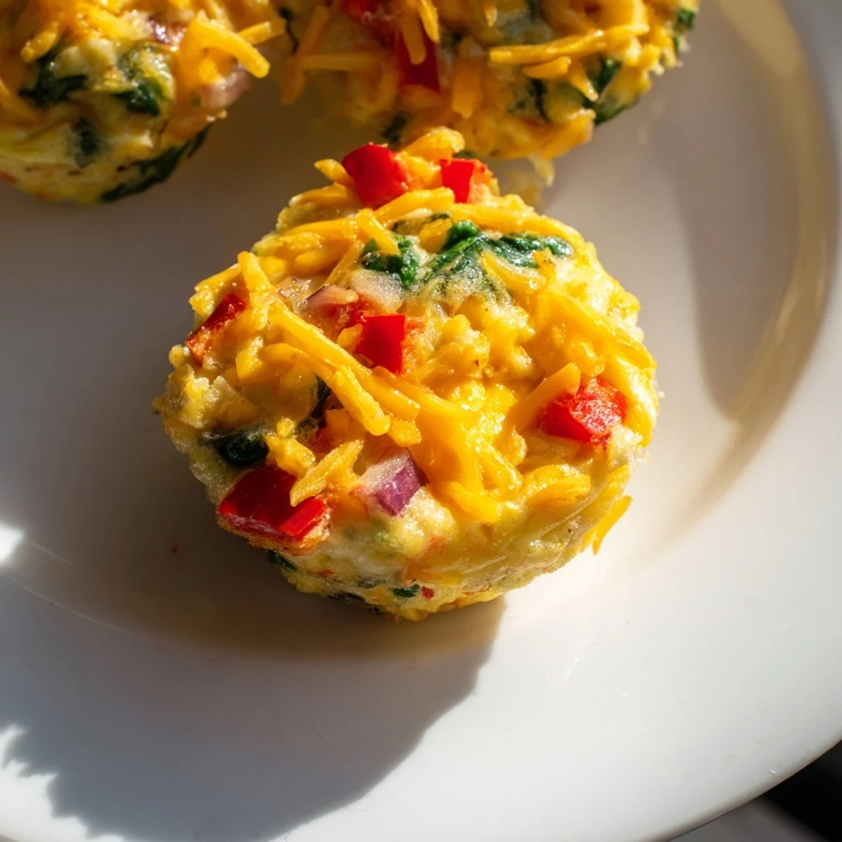 Fluffy Easy Christmas Morning Egg Muffins with colorful bell peppers and melted cheddar cheese are served warm.