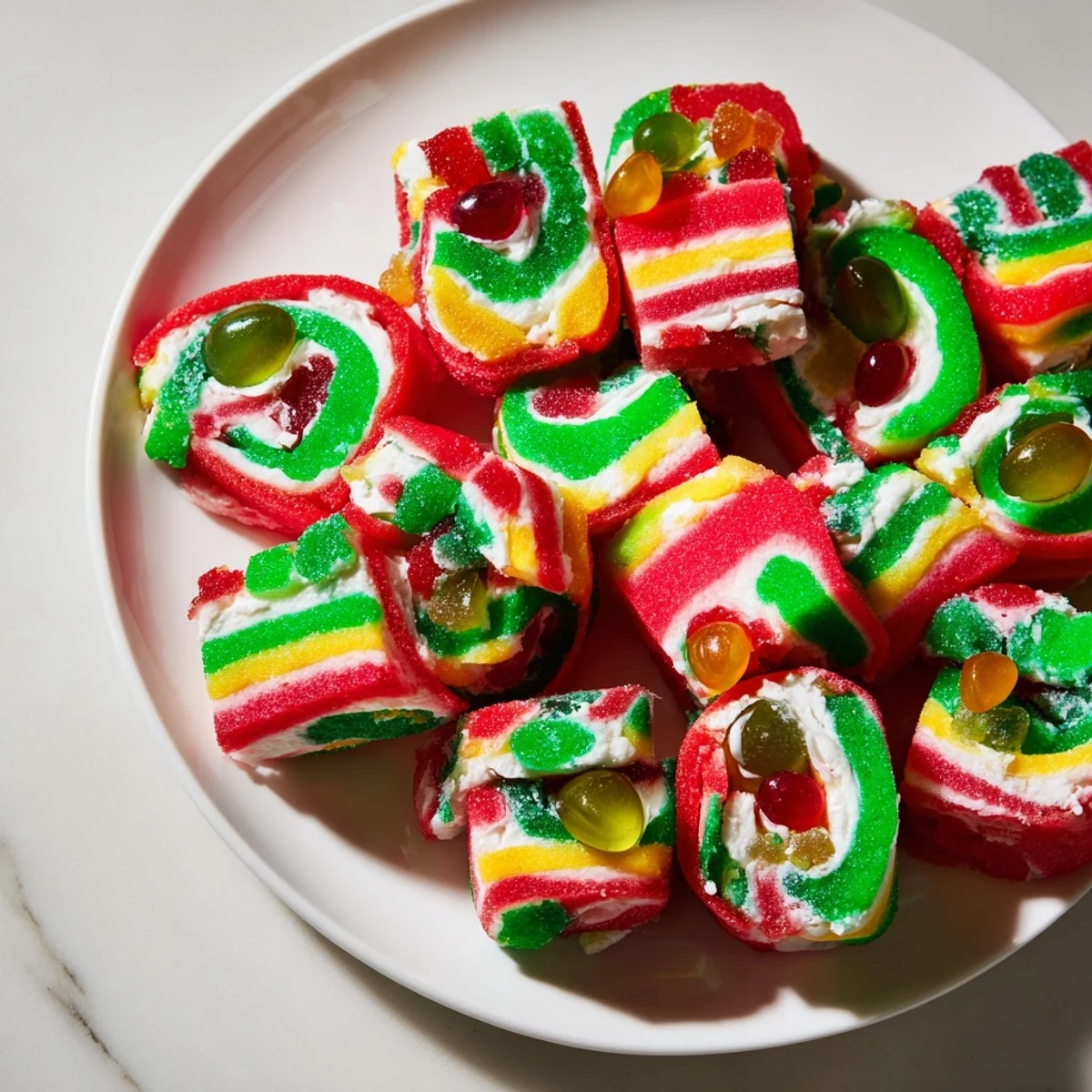 Vibrant Easy Christmas Fruit Rollup Sushi with colorful sprinkles and gummy worms; perfect holiday treat.