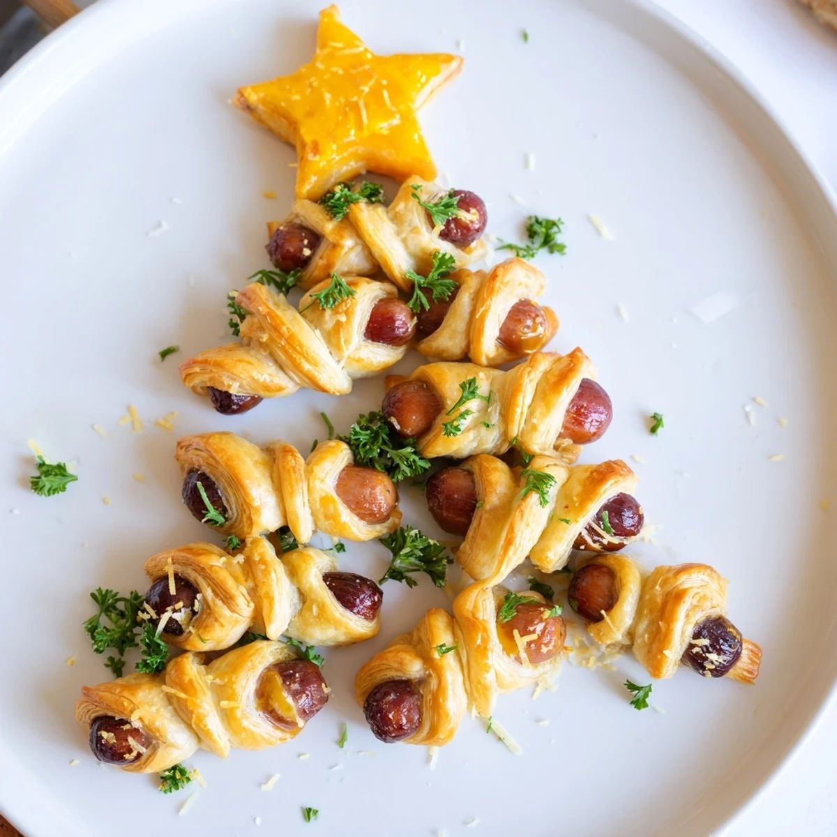 Golden brown Express Pigs in Blanket Christmas Tree, ready to serve with mustard dipping sauce.