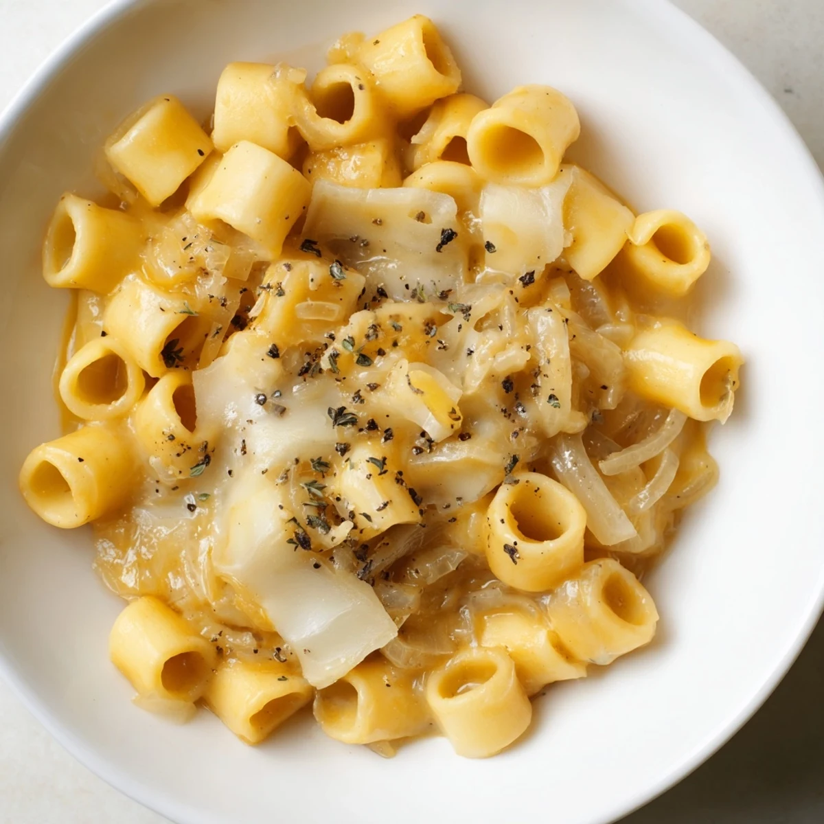 Steaming bowl of creamy French onion ditalini, rich with caramelized onions and melted Gruyère, ready to savor.