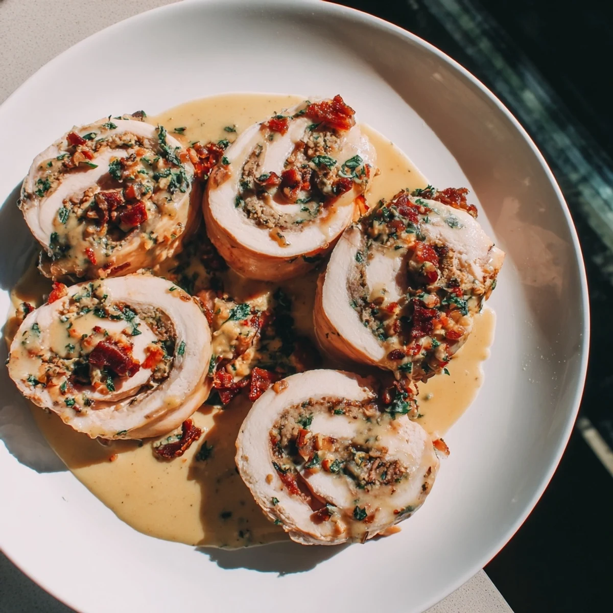 Golden-baked Marry Me Chicken and Stuffing Roulades, a creamy creation with sun-dried tomatoes and savory stuffing.