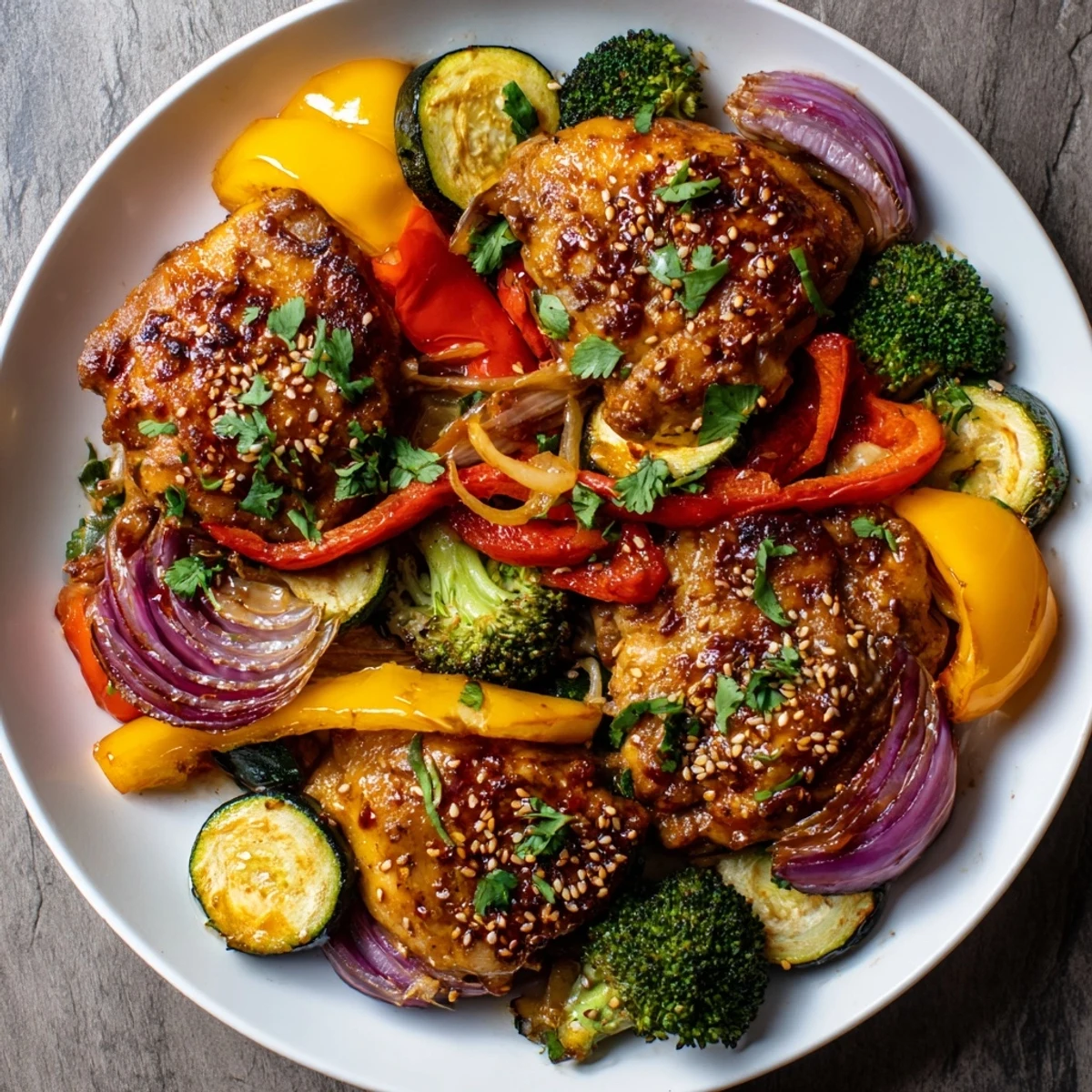 Golden-brown Spicy Honey-Garlic Chicken, glistening with glaze, alongside roasted vibrant vegetables for dinner.