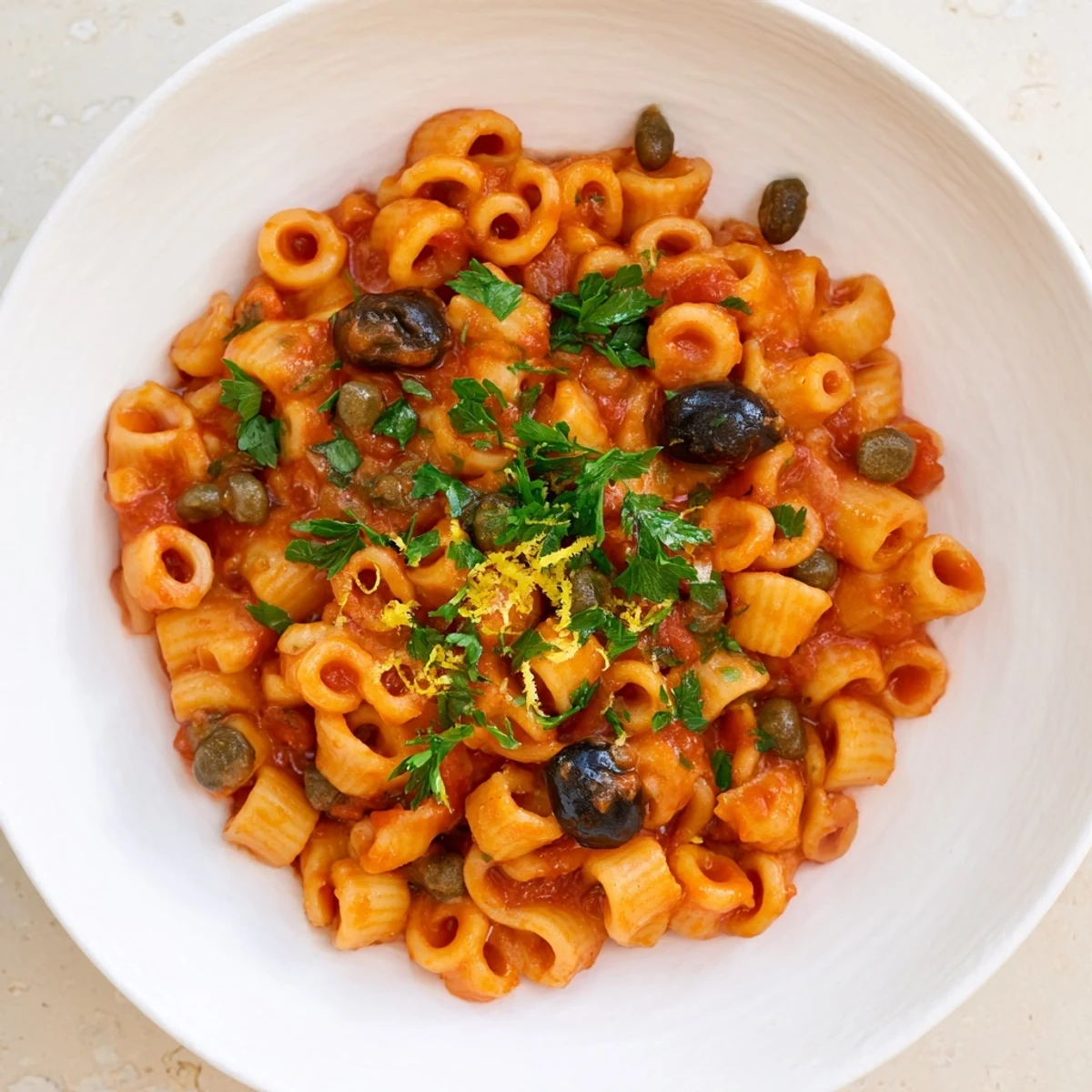 Savory Puttanesca Ditalini, plated with fresh parsley, offers a taste of Southern Italian cooking.