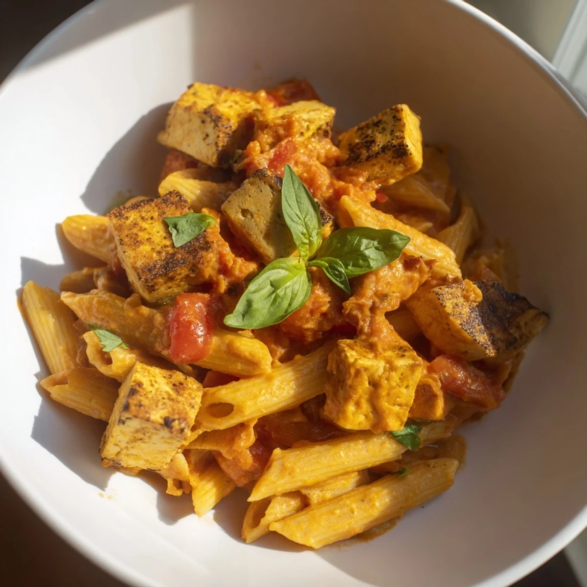 A close-up shot of creamy Vegan Baked Tofu Feta Pasta, ready for a delicious meal.