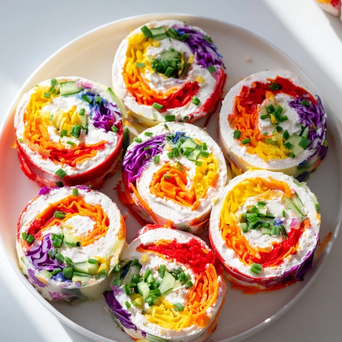These Rainbow Veggie Christmas Lights Wrap Pinwheels display a close-up of vibrant veggie spirals, perfect for appetizers.