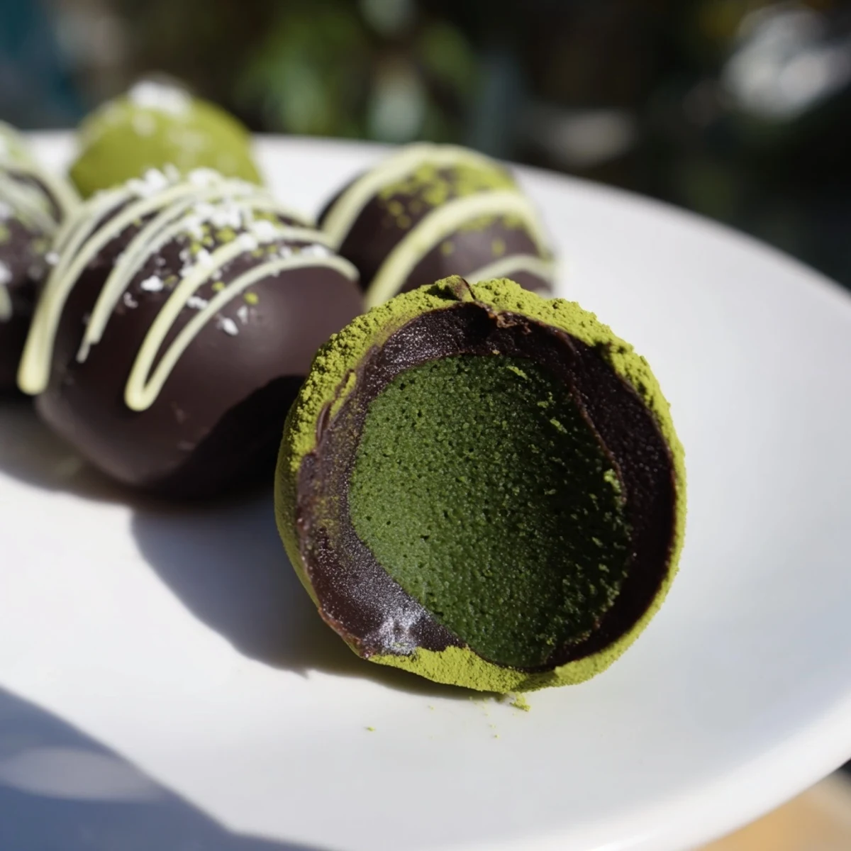 Matcha Dark Chocolate Peppermint Truffles: perfectly round, matcha-dusted truffles boasting rich dark chocolate and peppermint flavor.