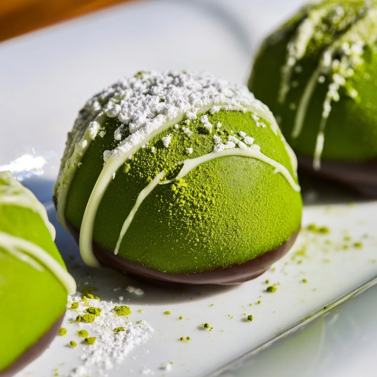 Vibrant green Matcha Dark Chocolate Peppermint Truffles, ready to eat, sit in a dish, alongside peppermint candies.